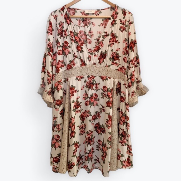 UMGEE Mixed Floral Babydoll Dress Womens Size L Boho Fairy Cottagecore Romantic - Picture 2 of 10